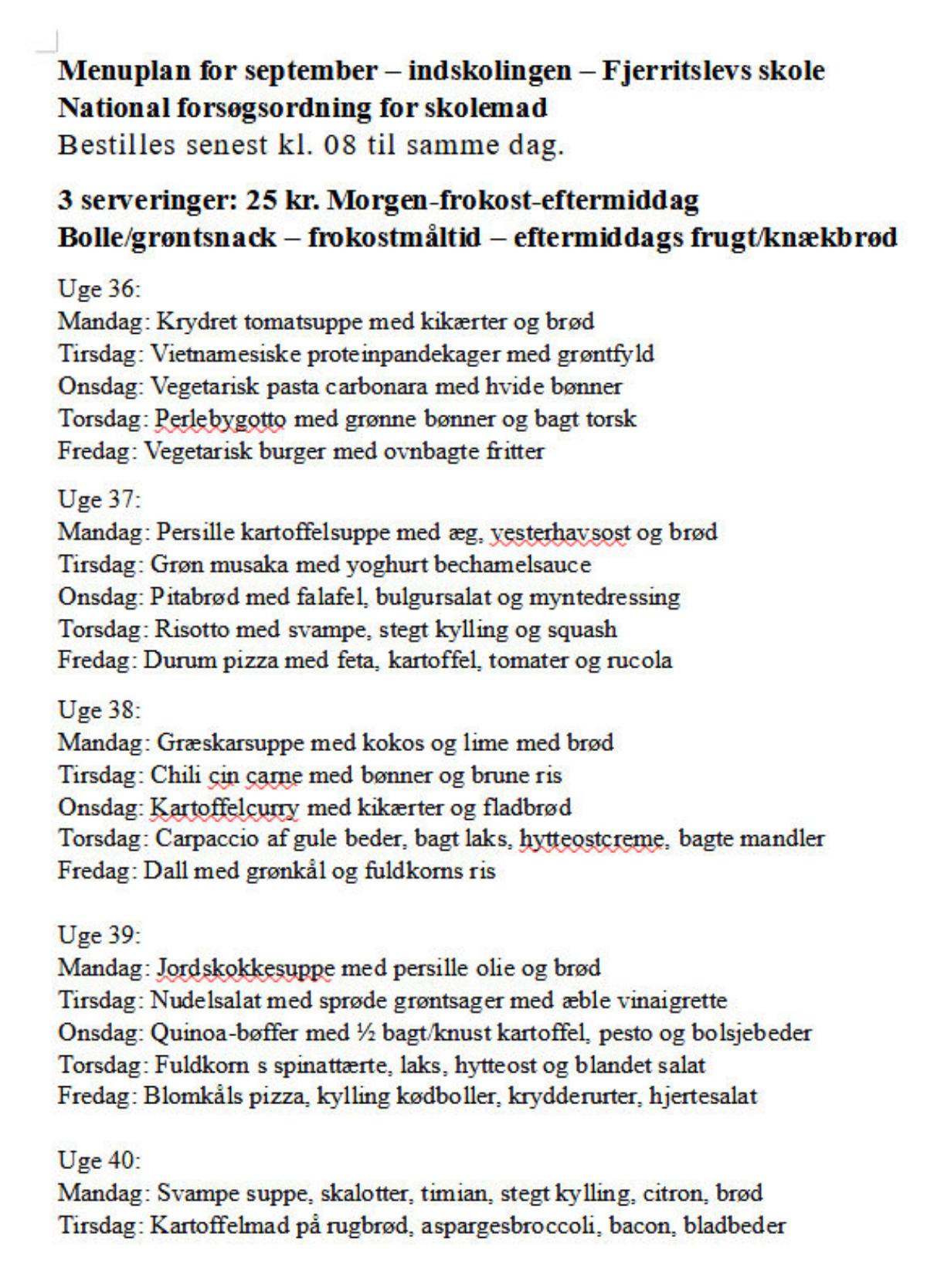 Menuplan indskoling Menuplan indskoling